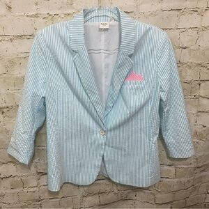 NEW Rafaella Blue White Striped Seersucker Pocket 3/4 Sleeve Blazer